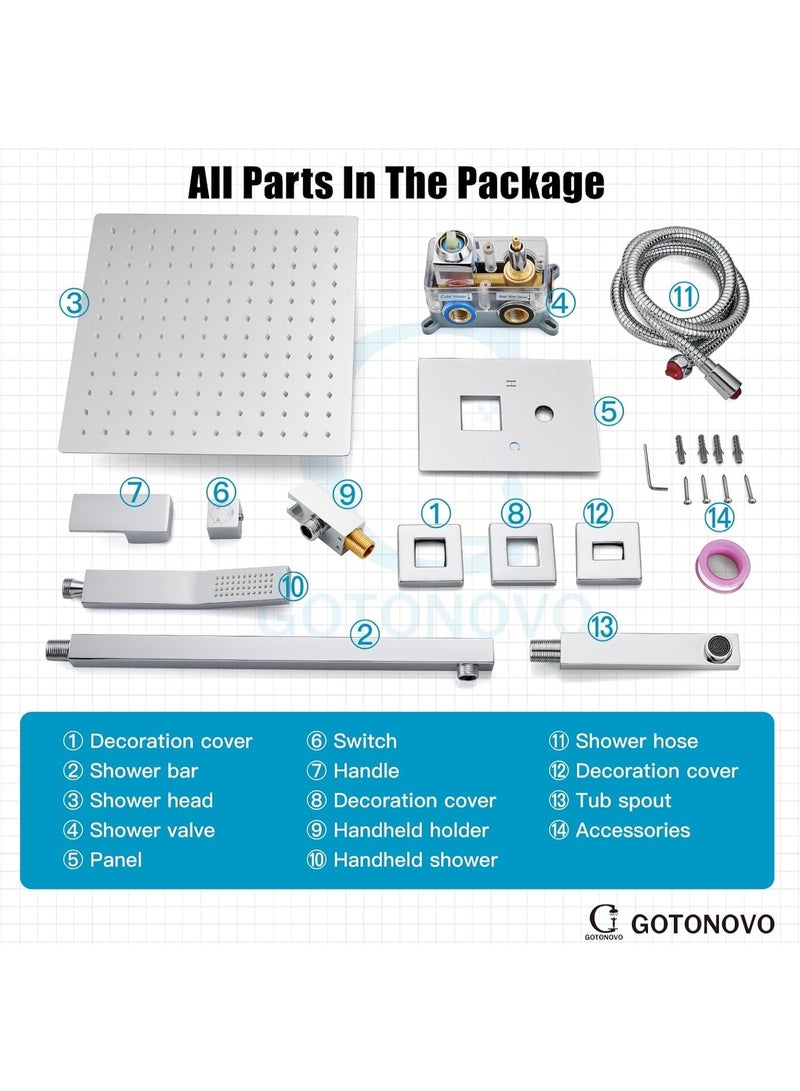 مجموعة نظام الاستحمام مع فوهة الحوض، مجموعة صنبور الاستحمام المثبت على الحائط بثلاث وظائف، رأس استحمام ممطر وموزع يدوي، مجموعة صمام تركيب أولي، مجموعة تجهيزات الاستحمام 10 بوصات بالكروم المصقول - Image 5